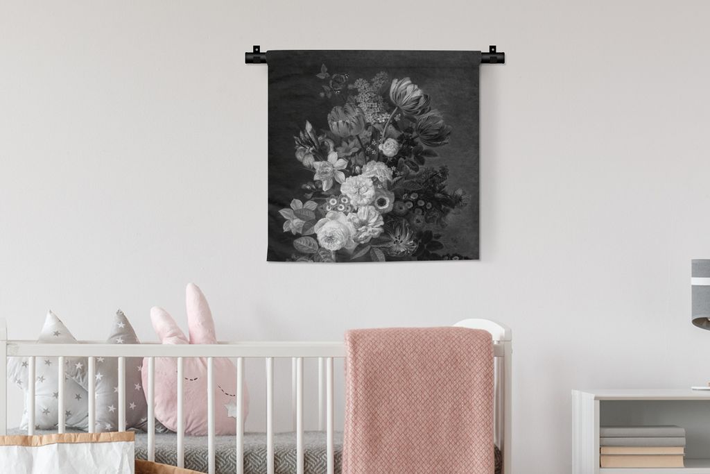 MuchoWow Wandteppich Wandbehang Stilleben mit Blumen - Gemälde von Eelke Jelles Eelkema - schwarz und weiß 60x60 cm Tapisserie Dekoration Wandt...