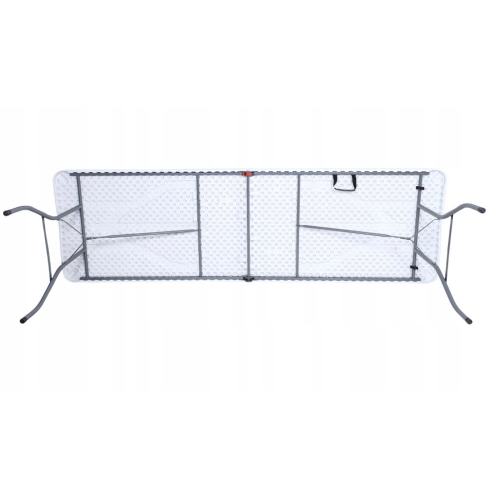 The underside of a white folding table with metal legs.