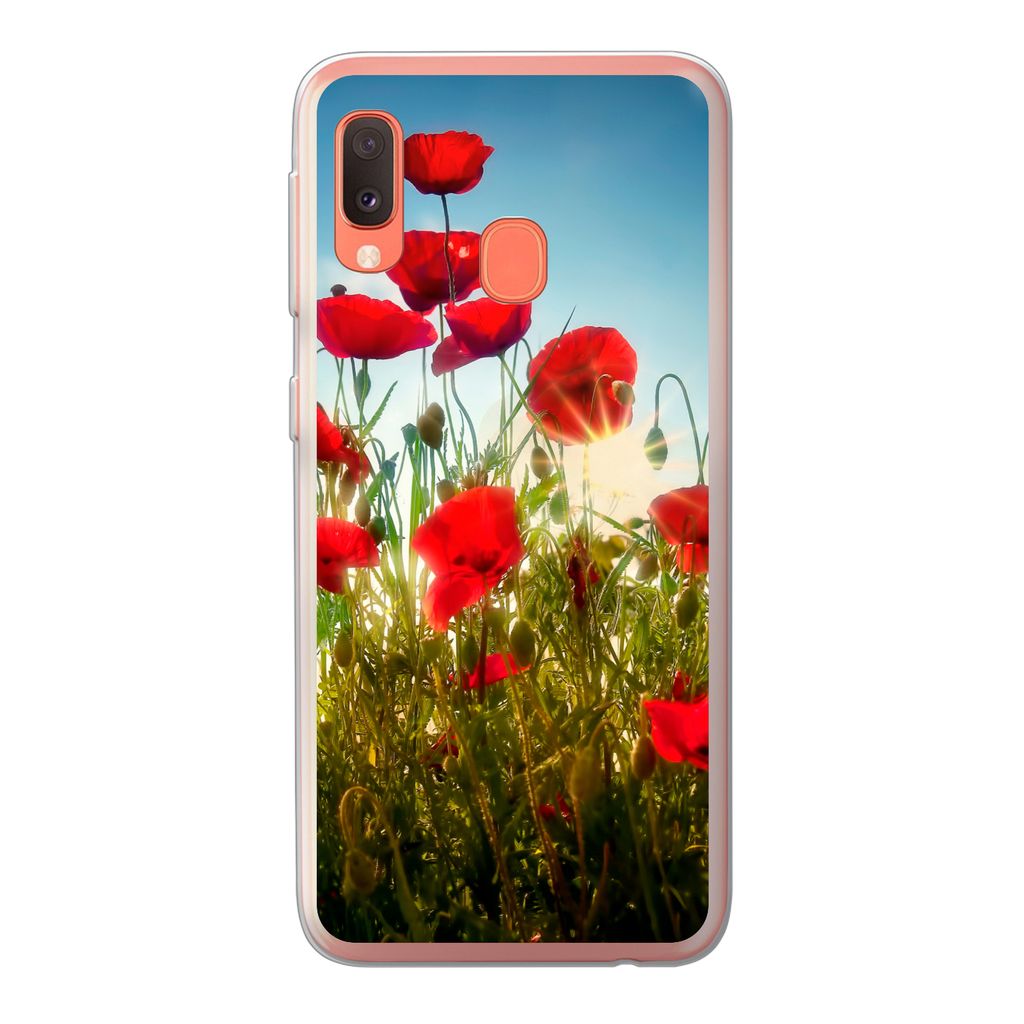 MuchoWow Handyhülle Schutzhülle Hülle für Samsung Galaxy A20e Mohnblumen - Toskana - Sonne - Rot - Blau Silikon Softcase Handy Hülle - Abdec...