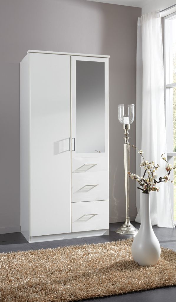 Kleiderschrank "Click" aus Spanplatte in Weiß mit 3 Schubladen und 2 Türen. Abmessungen (B/H/T) 90x198x58 cm