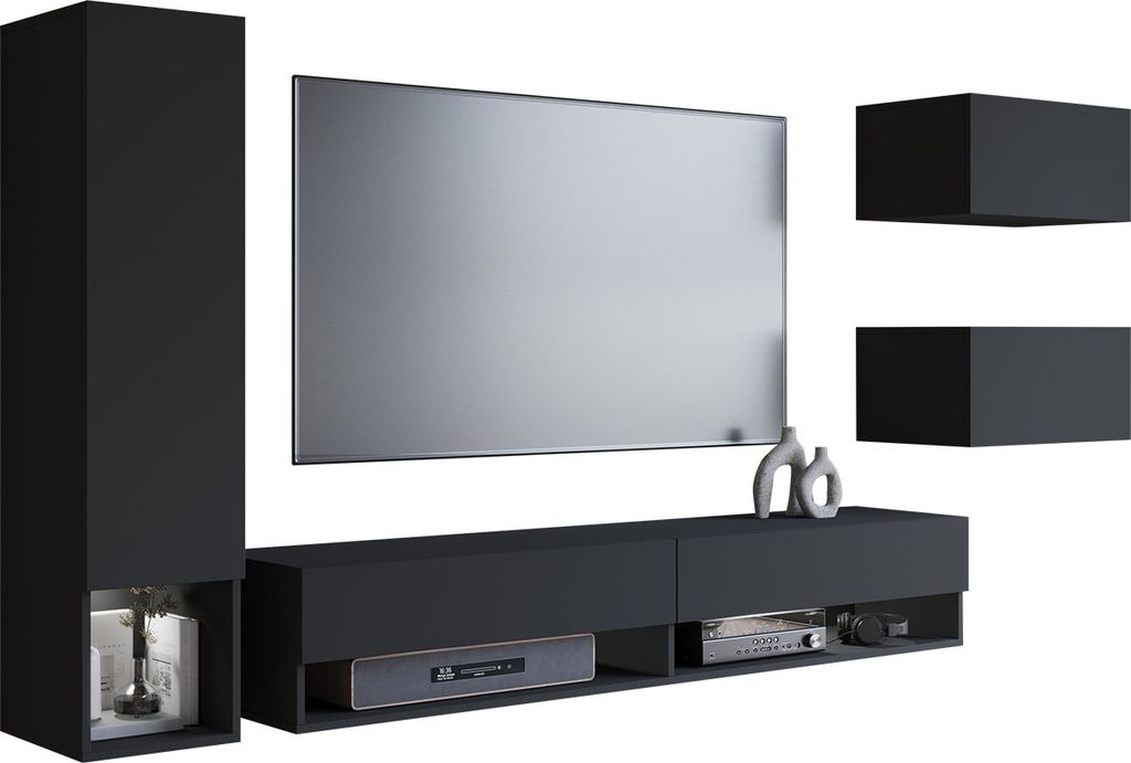 Mirjan24 Wohnwand Amadeo, Stilvoll Wohnzimmer-Set, TV-Schrank, Mediawand (Farbe: Schwarzer Graphit, mit Beleuchtung)