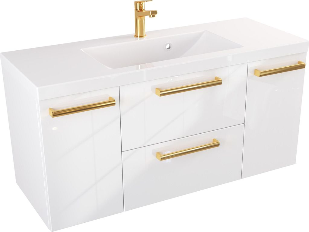 FURNI Waschtischunterschrank ATH 100 cm - Weiß Hochglanz - Hängender Badschrank mit Mineralguss-Waschbecken - Griffe - Vormontiert