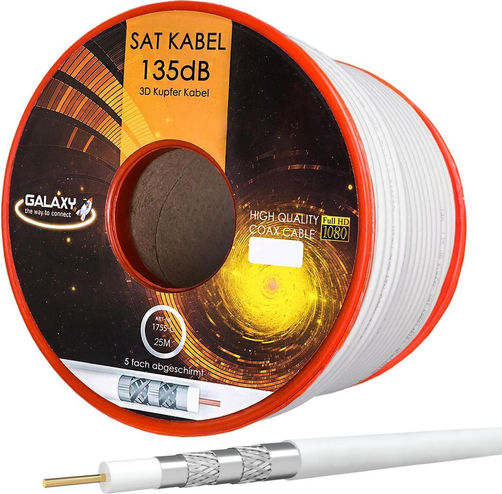hb-digital 25m Koaxialkabel Galaxy mit Außen Durchmesser 7mm 135dB 5-Fach geschirmt Reines Kupfer weiß