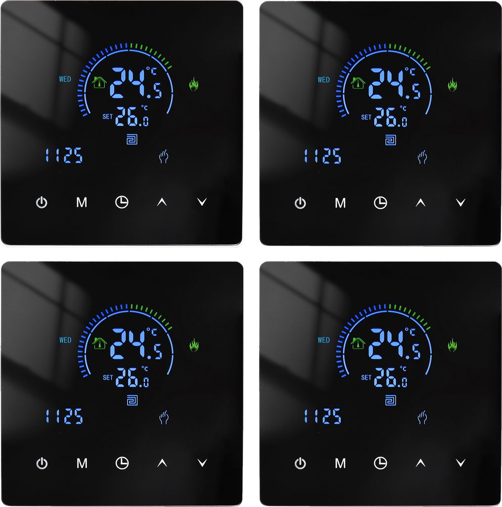 A collage of four digital LCD room thermostats, each displaying temperature and time settings.