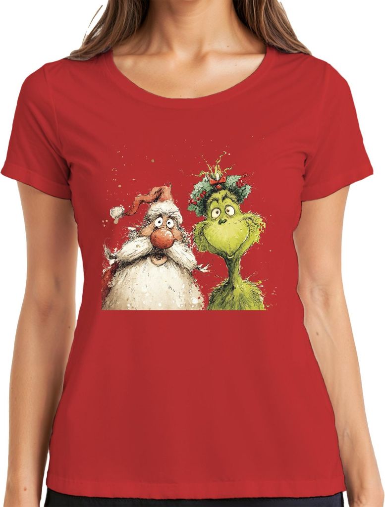 Grinch Weihnachtsmann lustig Weihnachten Geschenk grün Kranz Damen T-Shirt, Rot, S