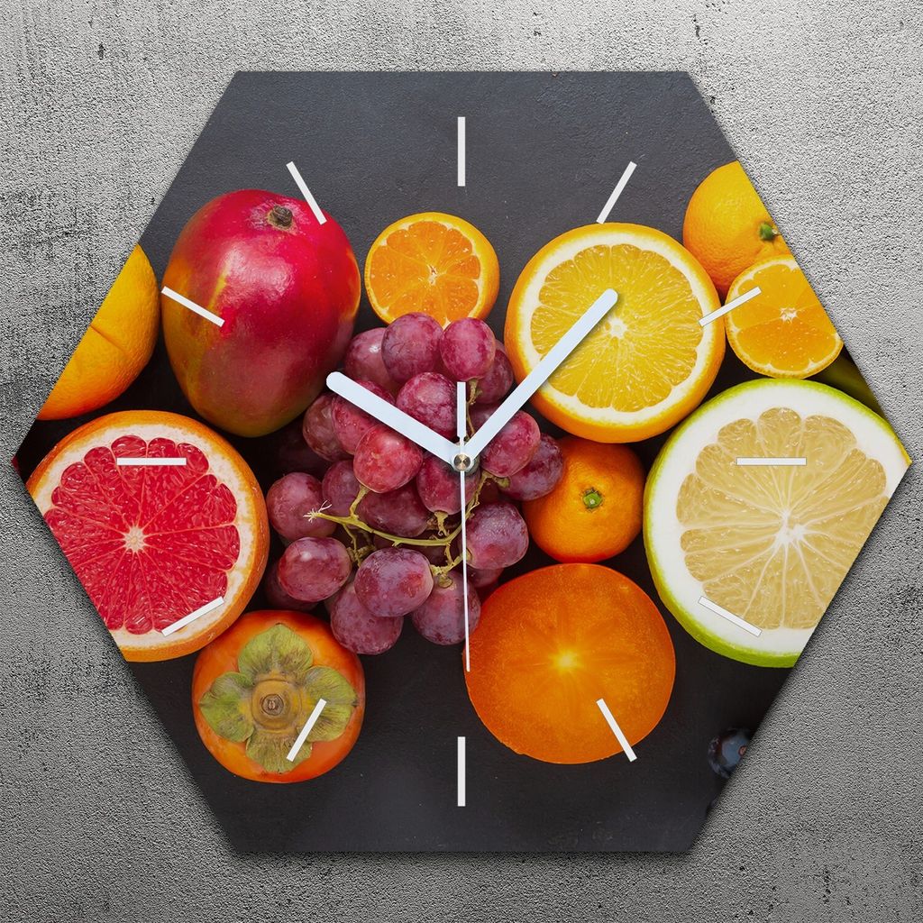Uhr hexagonal 40 cm Glas Geräuschlos weiße Zeiger - Farblich Früchte