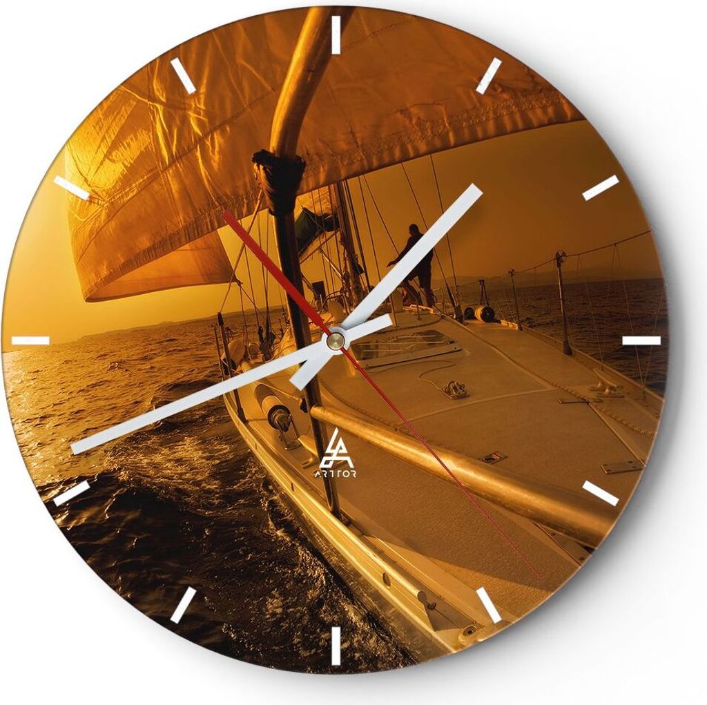 Wanduhr - Rund - Glasuhr - Ozean Segelboot Yacht - 40x40cm - Schleichendes Uhrwerk - Lautlos - zum Aufhängen bereit - Dekoration Modern - Wanddeko...