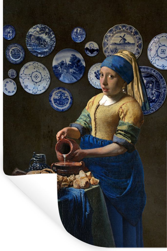 MuchoWow Wandtattoo Wandsticker Wandaufkleber Milchmädchen - Mädchen mit Perlenohrring - Delfter Blau 80x120 cm Selbstklebend und Repositionier...