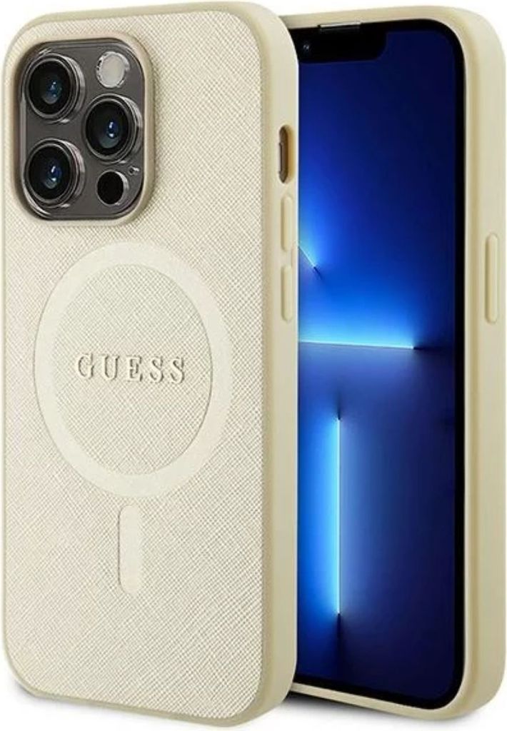 Guess PolyurethanSaffiano MagSafe Case für iPhone 15 Pro Beige