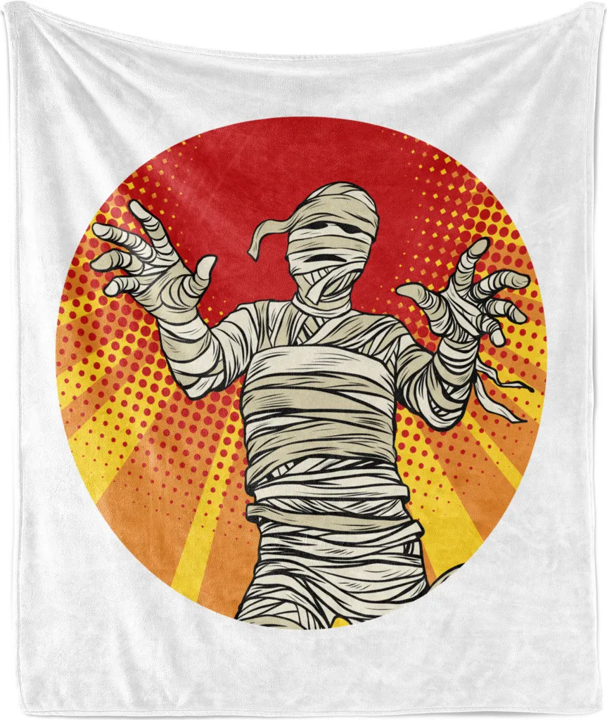 ABAKUHAUS Coperta morbida in flanella e pile per Halloween, motivo retrò con mummia, morbida e confortevole per interni ed esterni, 125 x 175 cm, vermiglio e grigio giallo