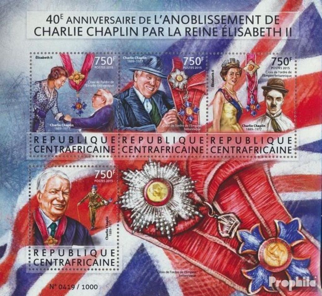 Briefmarken Zentralafrikanische Republik 2015 Mi 5610-5613 Kleinbogen (kompl. Ausgabe) postfrisch Charlie Chaplin