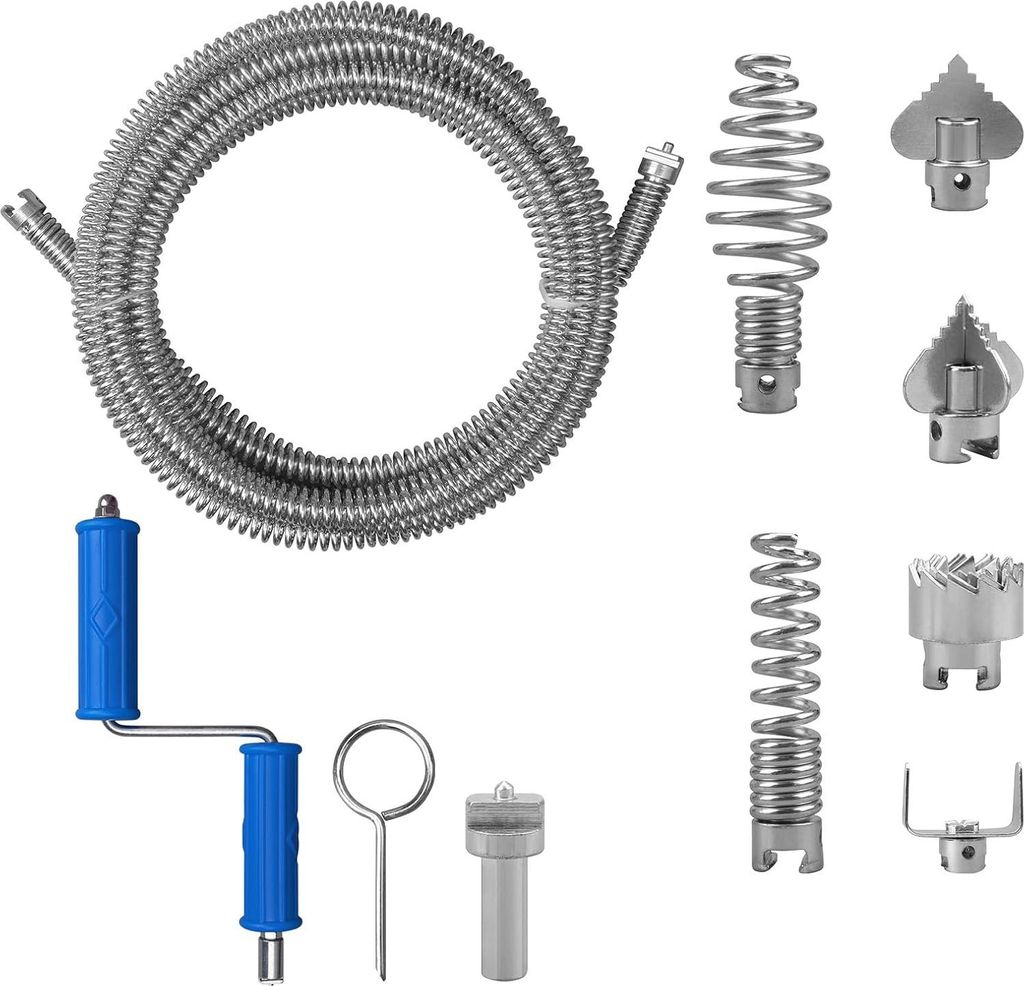Rohrreinigungsspirale, 5 Meter, Durchmesser 12 mm, professionelle Rohrreinigungsspirale mit 8 Stš¹ck Baggerreiniger und elektrischen Adaptern