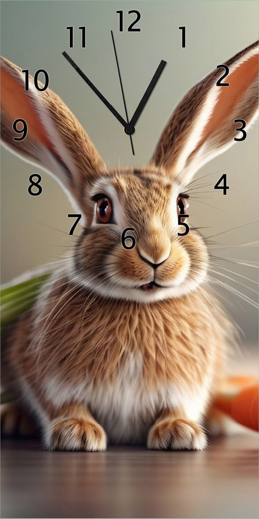 Wallario Design Wanduhr Flauschiger Hase mit Möhren aus Echtglas, Größe 30 x 60 cm