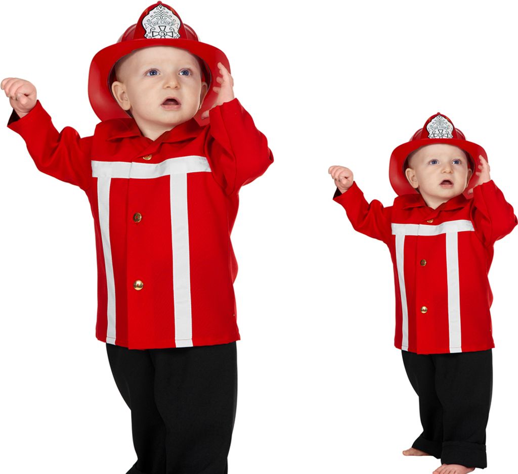 Two babies dressed in firefighter costumes.