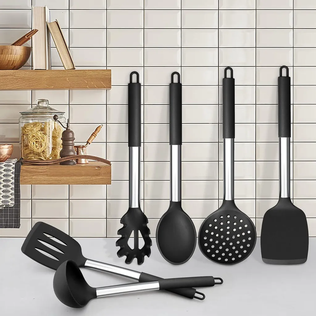 Ustensiles de cuisine résistants à la chaleur avec manche inox noir