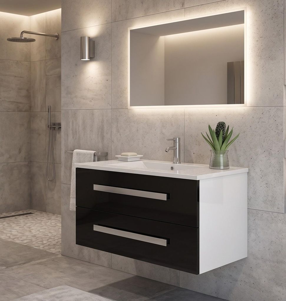 Badset Badmöbel Badmöbelzubehör optionales Wechselfrontensystem edles Design Modell: Locarno in schwarz mit Softclose Jet-Line