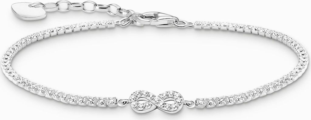 A close-up studio shot of a silver bracelet with an infinity symbol charm, set against a white background.