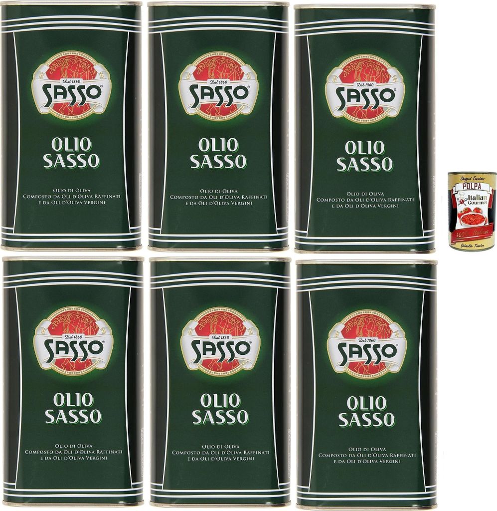 Sasso Olio Extra vergine D'oliva Natives Olive Olivenöl 6x 1 Lt 100% Italienisch, Extra virgin oil + Italian Gourmet polpa 400g