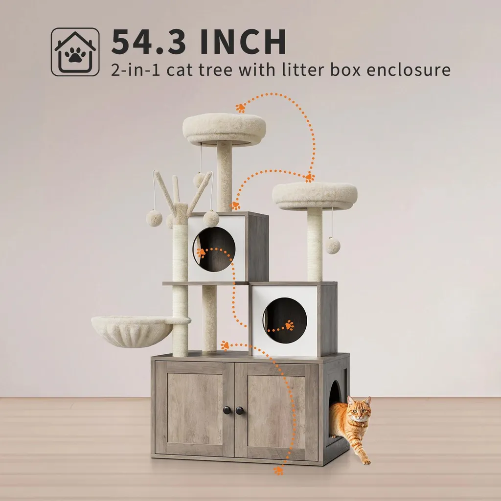 Meuble arbre à chat multi-fonctions 5 étages avec cache-bac à litière - 6
