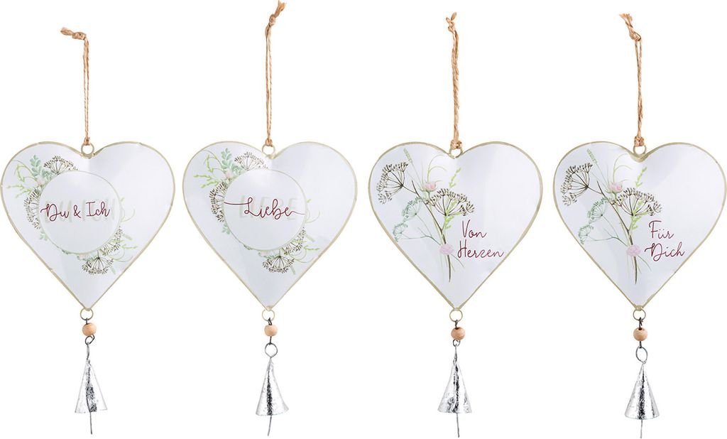 Gilde Hänger, Herz, "Gräserstrauß", Spruch, Blumenmuster, Metall, weiß, VE 8, 4 Stück wie abgebildet, B. 12 cm, H. 28 cm 67959