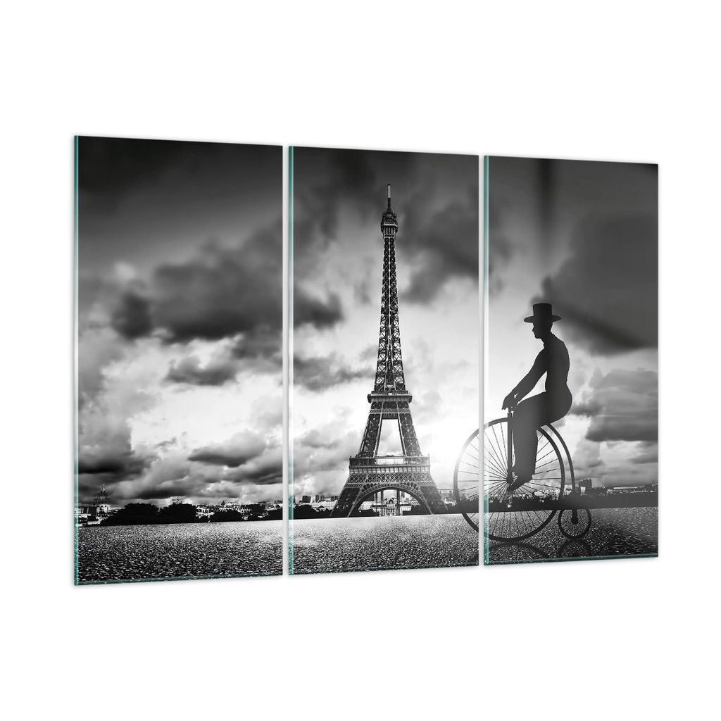 Bilder auf glas - 3 Teile - Paris Gentleman Fahrrad - 105x70cm - Glasbilder - Wandbilder - Bilder - zum Aufhängen bereit - Wanddekoration aus Glas...