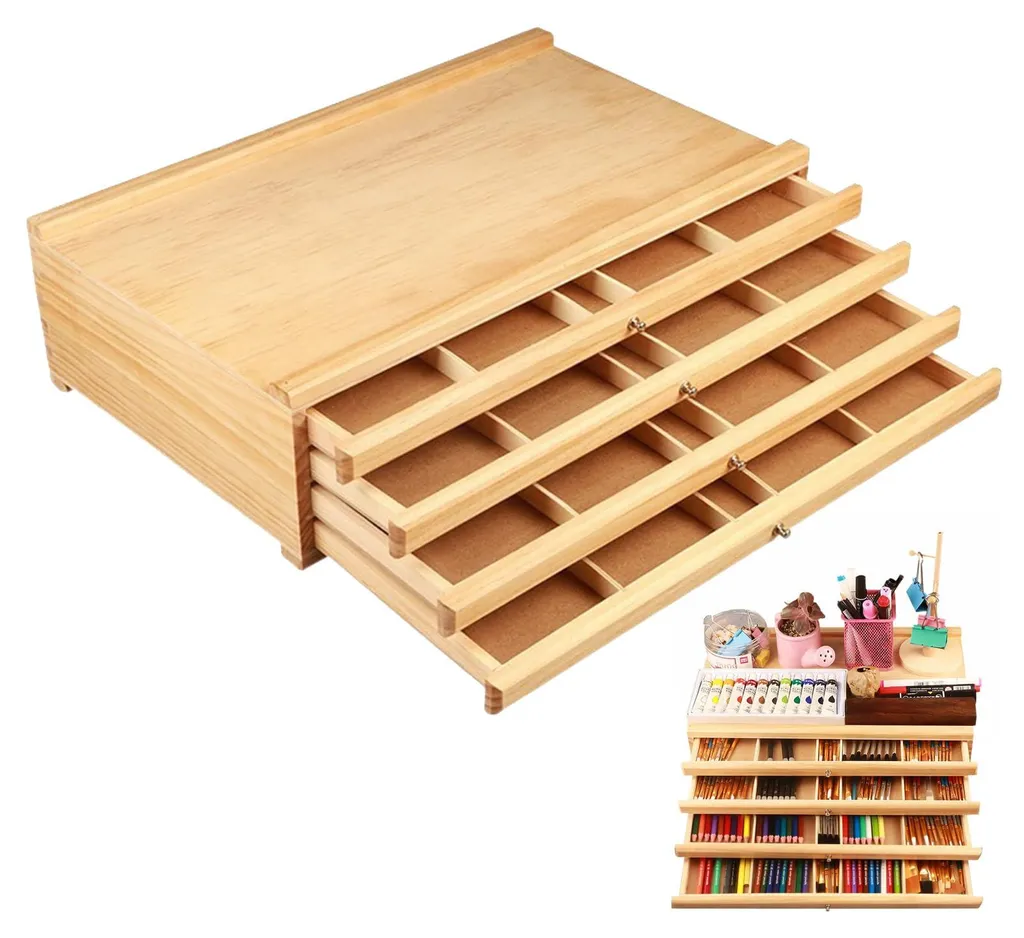 Rangement pinceaux et matériel artistique en bois pour atelier d'art