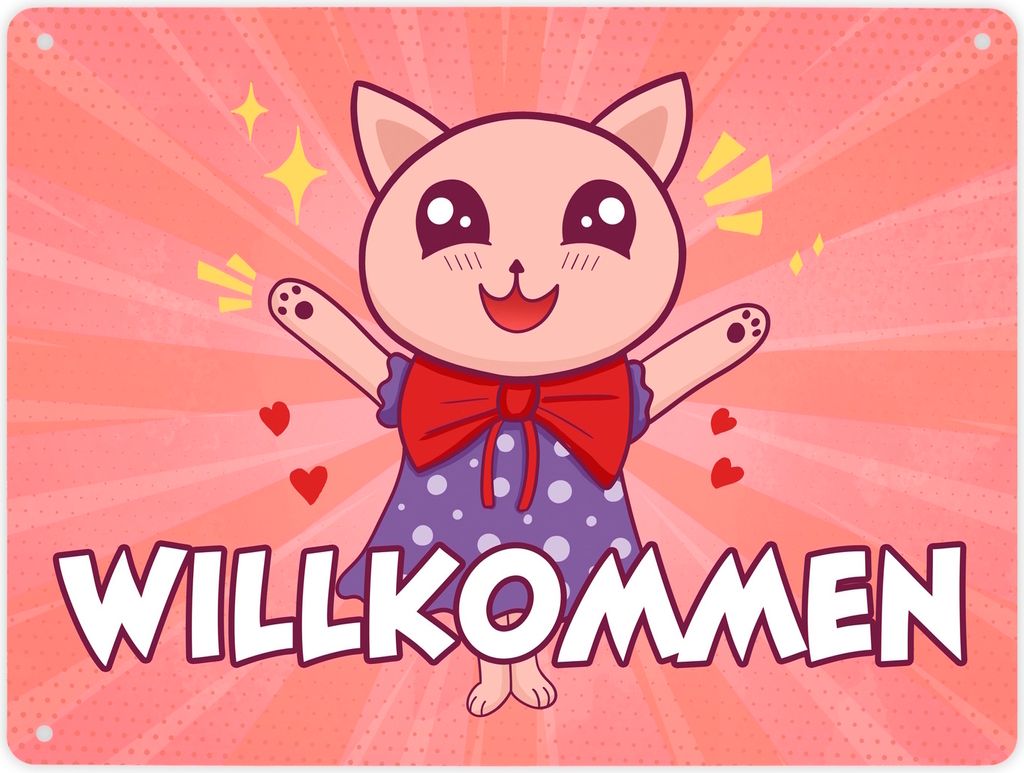 Willkommen Metallschild XL in 21x28 cm mit süßem Manga Kätzchen