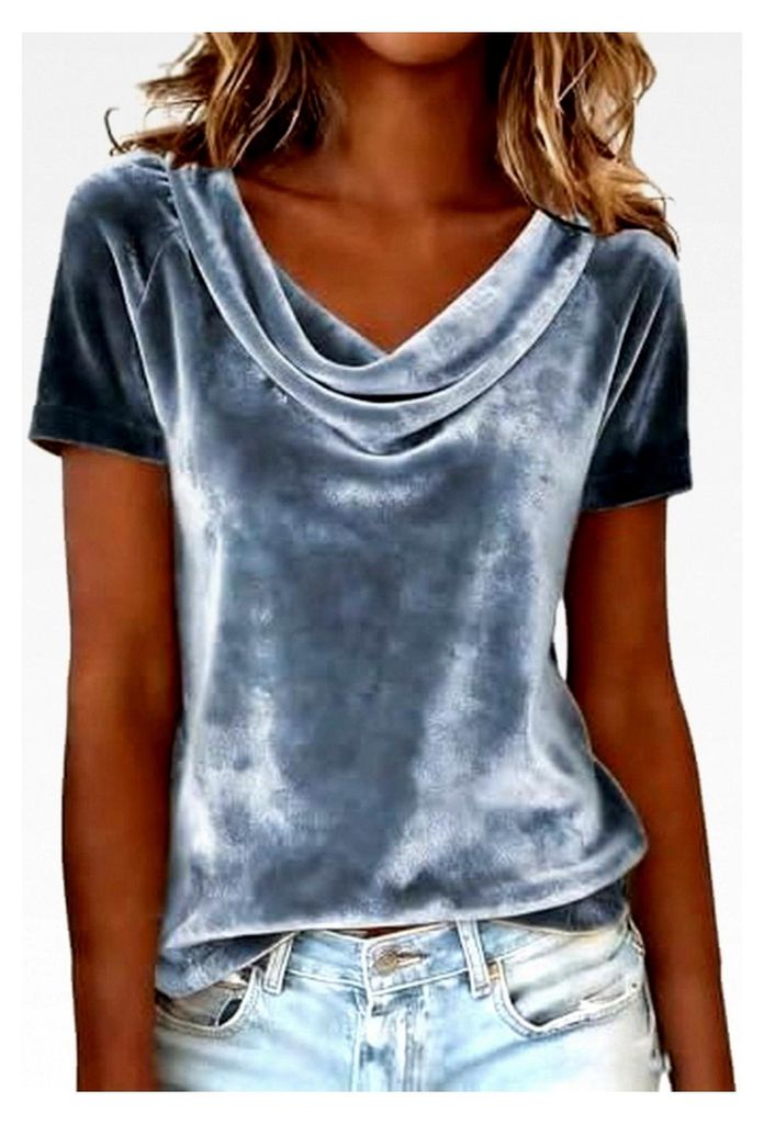 Damen T-Shirt mit Wasserfall-Ausschnitt aus Samt, kurzärmlig, einfarbig, lässig, Party-Oberteil, weiche Glitzerbluse, festliche Oberteile, Vintag...
