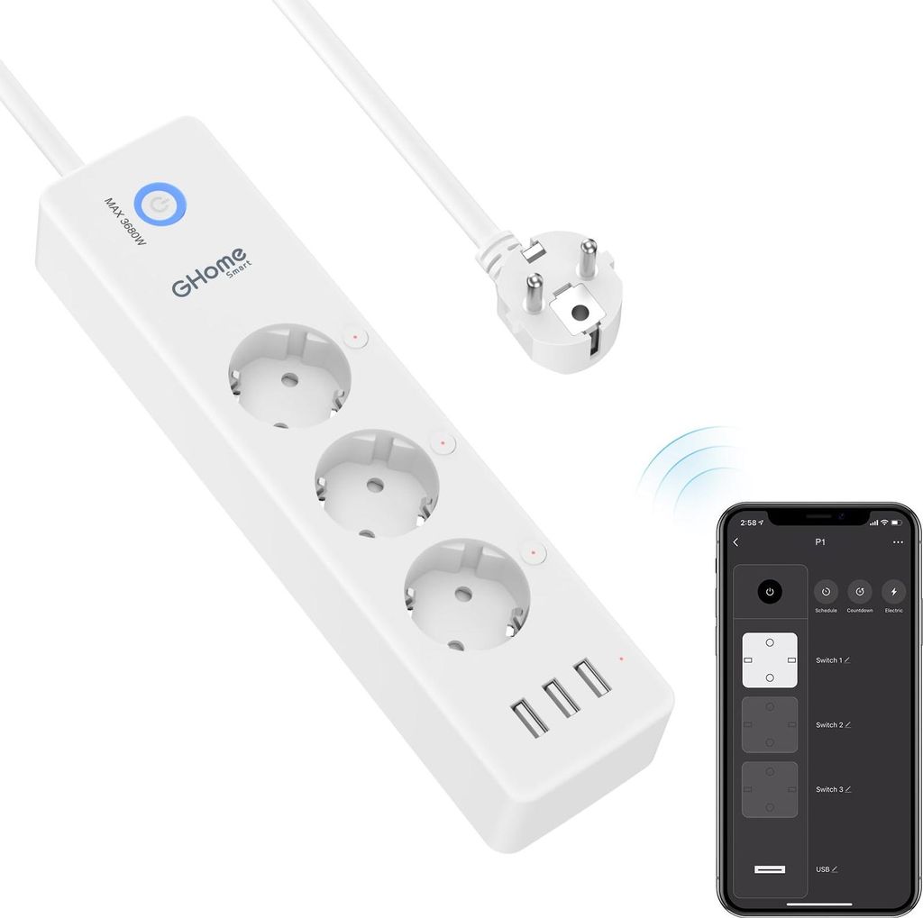 GHome Smart WLAN Steckdosenleiste mit 3 AC-Steckdosen und 3 USB-Anschlüssen