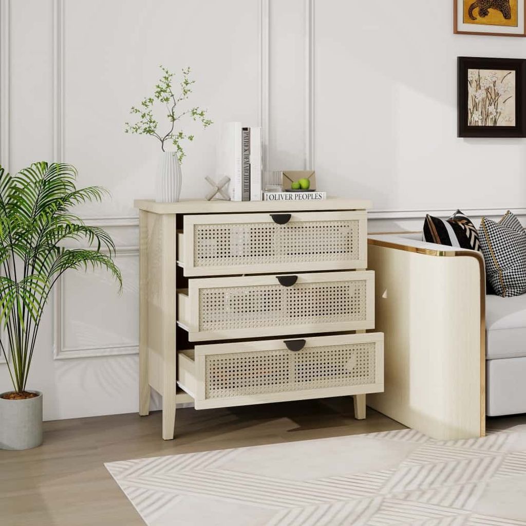 AIORBER Kommoden, drei Schubladen, wabenförmiges Rattangeflecht, belüftetes Design, Kippschutz, für Wohnzimmer, Schlafzimmer, 80x40x80cm, Natur