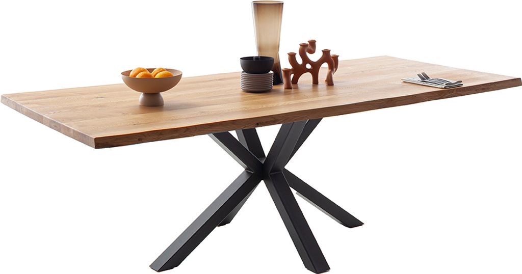 Massivholz-Esstisch 180x100 cm in Wildeiche massiv geölt mit Spider-Gestell und Baumkantenoptik - DEWEY-06