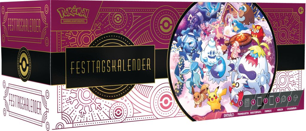 A Pokemon themed advent calendar box with colorful Pokemon characters depicted on the circular side.