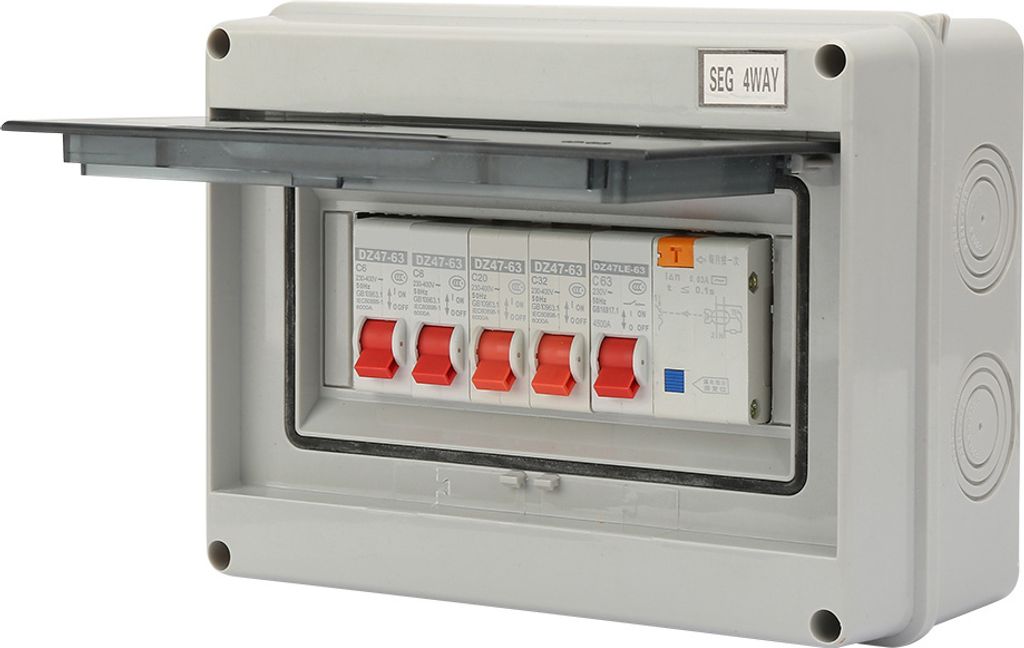 4-fach Verteilerkasten Garage & Caravan – 63A 30mA FI-Schalter (RCD) mit 4 MCB, 2×6A + 20A + 32A