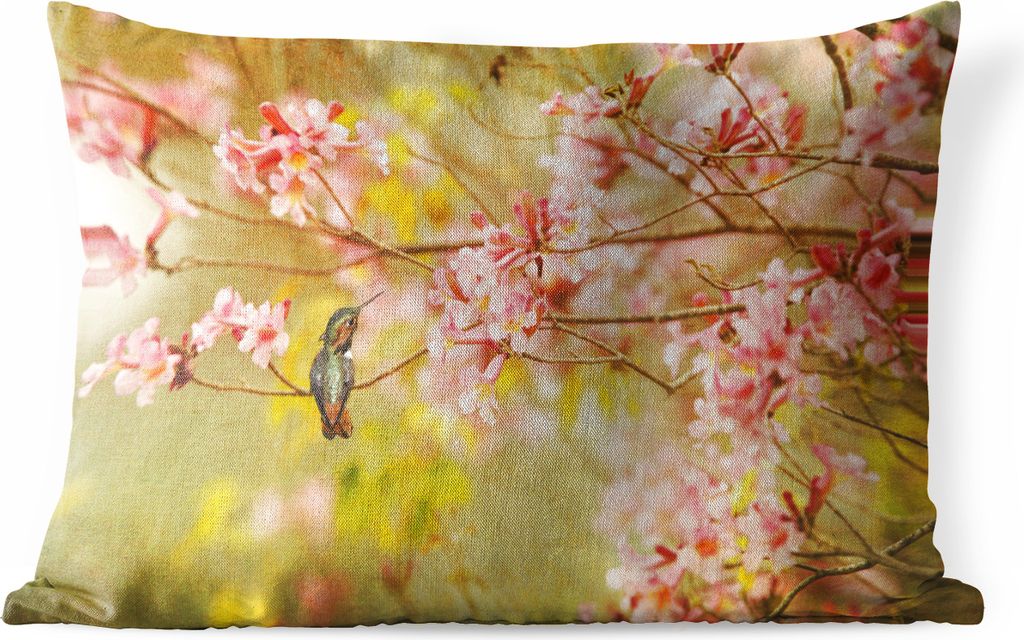 MuchoWow Outdoor Kissen - Vogel - Kolibri - Blüte - Rosa - 60x40 cm - Wetterfest - Lounge Kissen - Zierkissen - Kissen für Innenräume