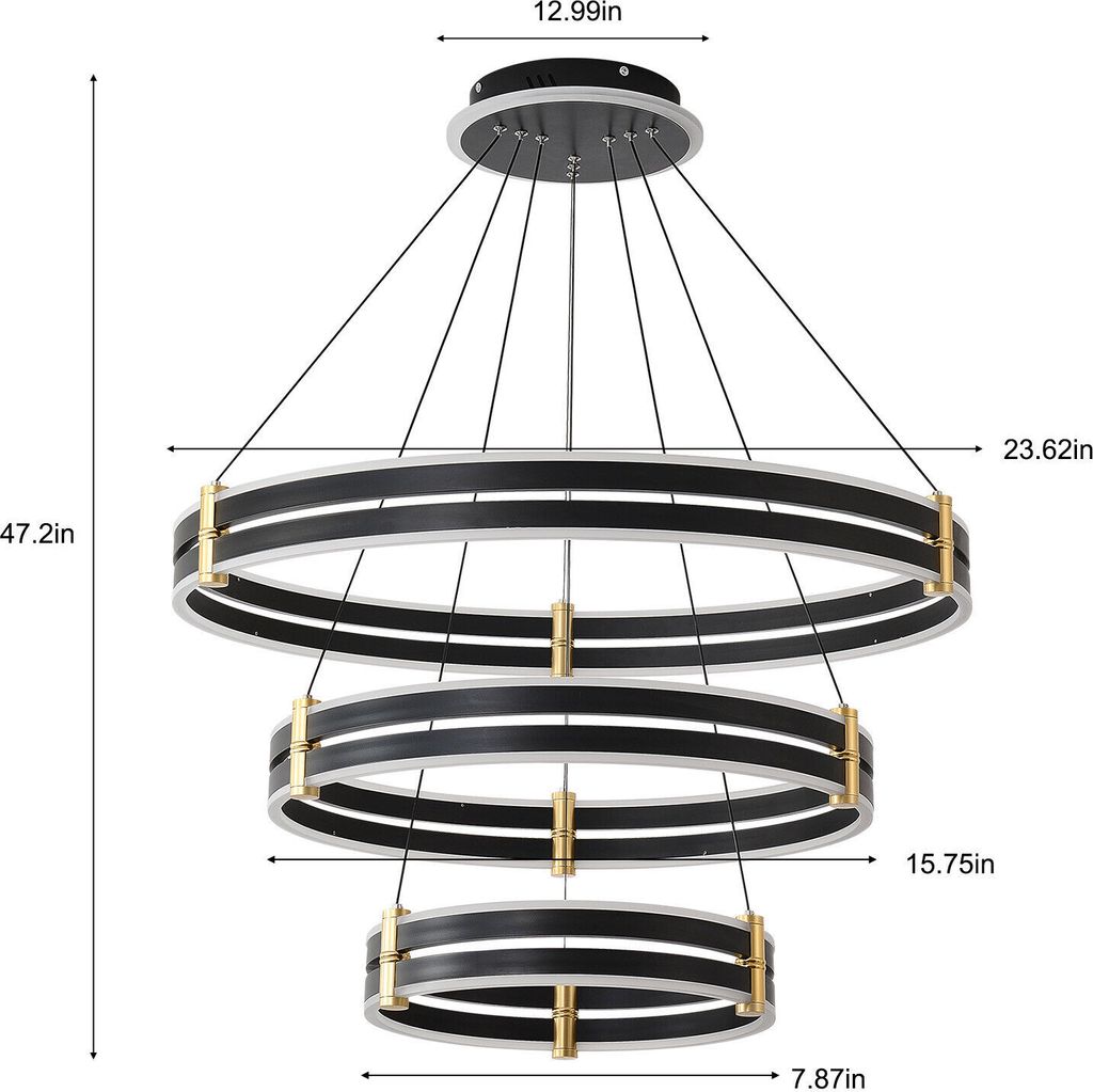 3 Ringe Runde Kronleuchter Pendelleuchte mit Fernbedienung Moderne Stil LED Kronleuchter 112W Schwarz