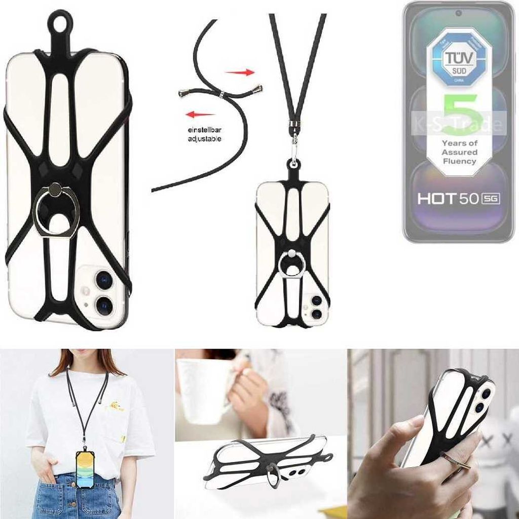 K-S-Trade 3in1 Handykette Handyband Handykordel Halsband Smartphone-Ring Handy-Ring kompatibel mit Infinix Hot 50 5G Fingerhalterung Handyring
