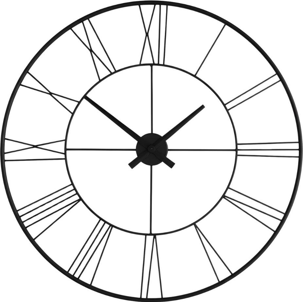 A close-up view of a black metal wall clock with Roman numerals.