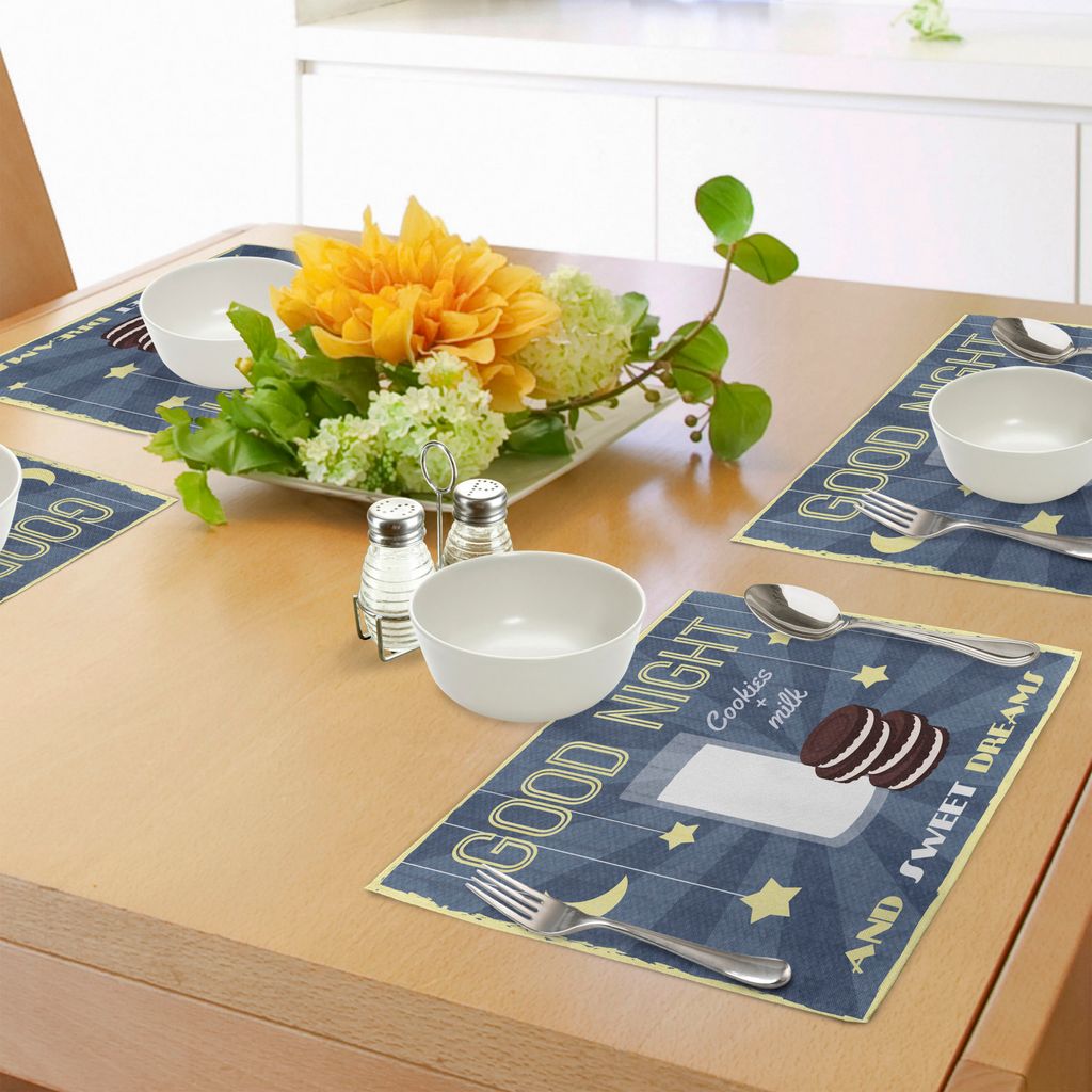 ABAKUHAUS Schöne Träume Platzmatten, Retro Poster mit Schokolade Kekse und EIN Glas Milch Gute Nacht Quote, Tiscjdeco aus Farbfesten Stoff für d...