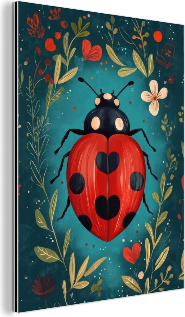 MuchoWow Wanddekoration Metall Metallbild Wandkunst 90x120 cm Blumen - Marienkäfer - Herz - Rot MuchoWow Aluminium Gemälde - Industrial