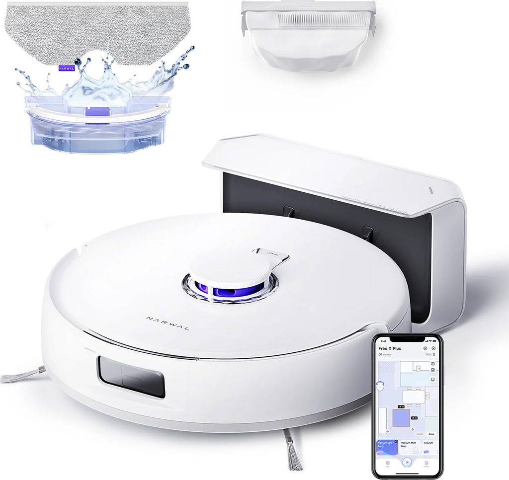 A white robot vacuum cleaner with its charging dock and accessories, along with a smartphone displaying its app interface.