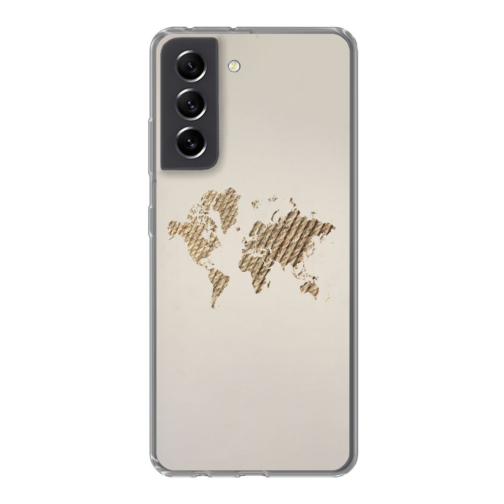 MuchoWow Handyhülle Schutzhülle Hülle für Samsung Galaxy S21 FE Weltkarte - Seil - Braun Silikon Softcase Handy Hülle - Mobiltelefonhülle