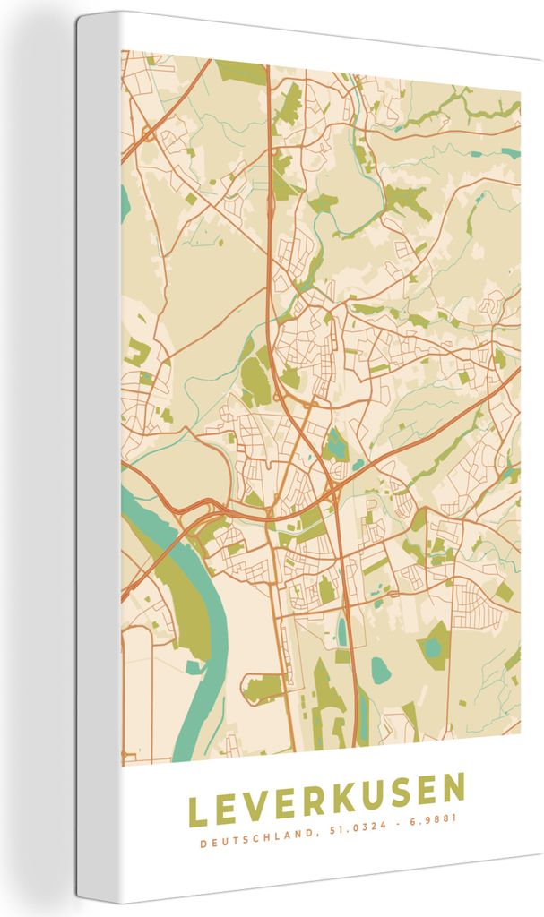 OneMillionCanvasses - Leinwandbilder - 90x140 cm, Stadtplan - Leverkusen - Vintage - Karte, Wandbilder Kunstdruck Wanddekoration - Foto auf Leinw...
