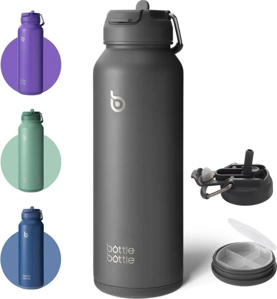 Bouteille isotherme 1,2L grise : paille et pilulier contre l'oubli