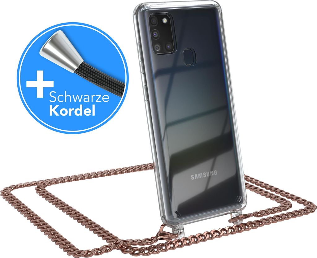 EAZY CASE Metall Handykette für Samsung Galaxy A21s, Handyhülle mit Umhängeband, Silikonhülle, Metallkette für Smartphone in Rosa