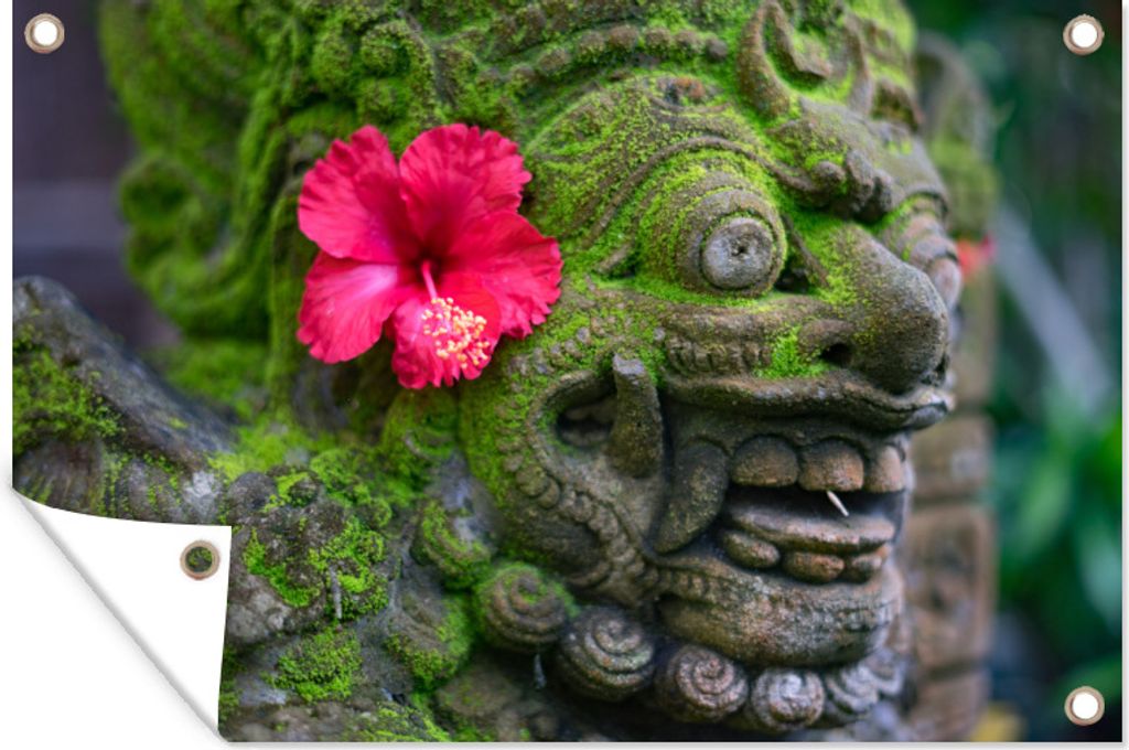 MuchoWow 120x80 cm Outdoor-Poster Gartendeko Sichtschutz Garten Poster für den Garten Bild einer moosbewachsenen Steinstatue in Bali