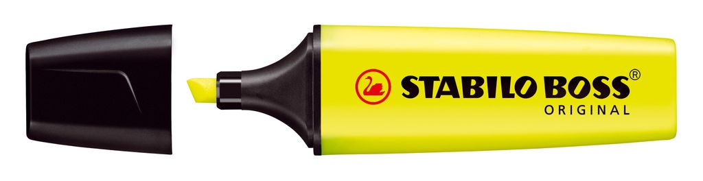 A yellow STABILO BOSS ORIGINAL highlighter with its black cap removed and placed beside it.