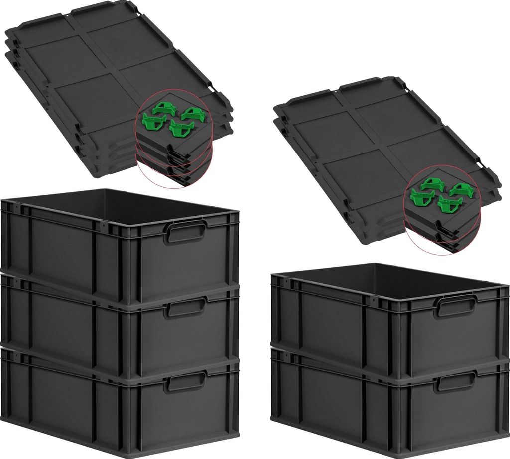 SparSet 5x Eurobox NextGen Grip mit Auflagedeckel inkl. 4 grünen Schiebeschnappverschlüssen | HxBxT 22x40x60cm | 44 Liter | Schwarz | Griffe gesc...