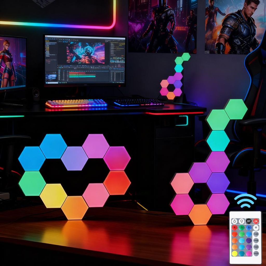 20PCS LED Sechseck Gaming Wandleuchte mit Fernbedienung, RGB LED Panel, Waben Gaming Deko Wand Licht, Wandbeleuchtung Room Geschenke Modular Lampe