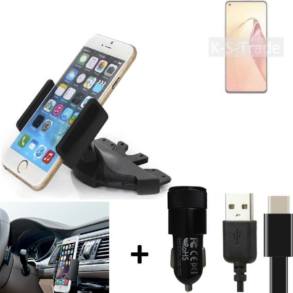 K-S-Trade CD Schlitz Handy-Halterung kompatibel mit Oppo Reno8 Pro Autohalterung KFZ-Halter Radio Handy Halterung 360° drehbar CD-Schacht inkl. USB-C