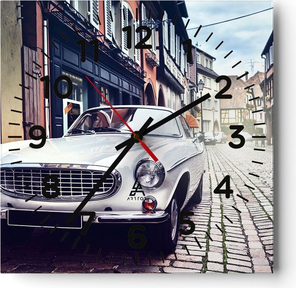 Wanduhr - Quadrat - Glasuhr - Auto Straße Haus - 40x40cm - Schleichendes Uhrwerk - Lautlos - zum Aufhängen bereit - Dekoration Modern - Wanddekor...